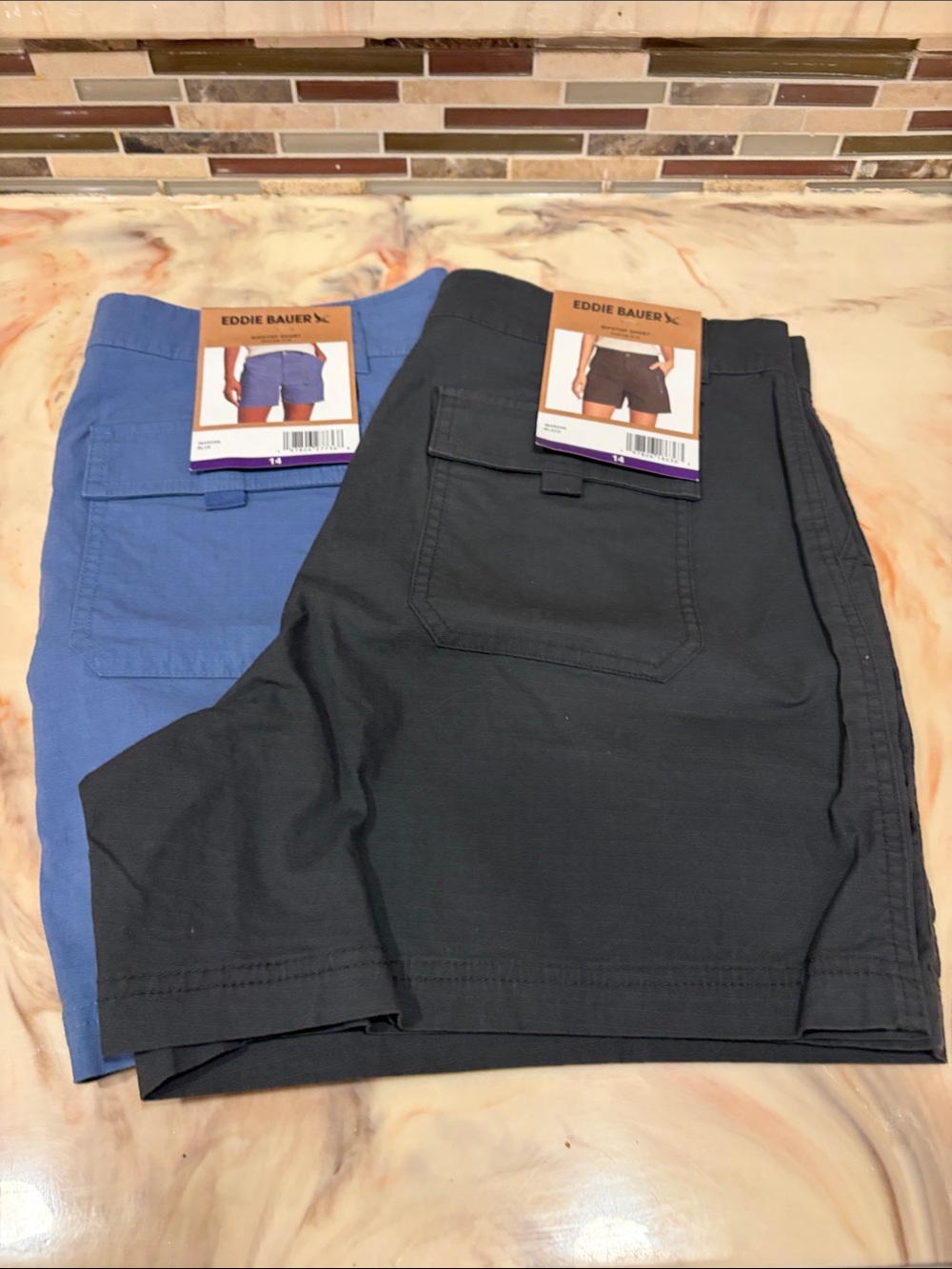 NWT. Eddie Bauer Black and Periwinkle Blue Cargo Shorts Duo